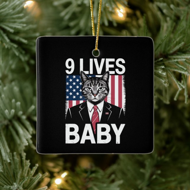 Cat Trump 9 Lives Baby Funny Trump Cat Ceramic Ornament (Tree)