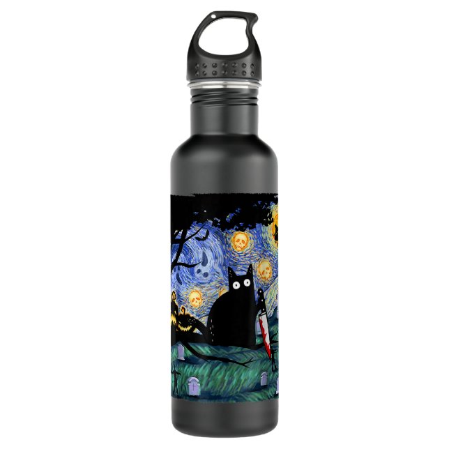 Cat Tshirt Scary Night Cat Tee Van Gogh Gift Hallo 710 Ml Water Bottle (Front)