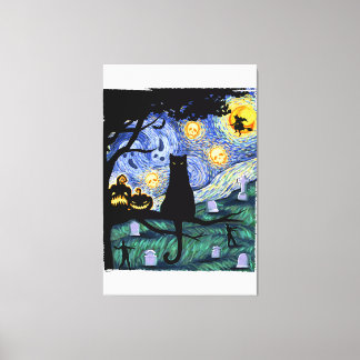 Cat Tshirt, Scary Night Cat Tee, Van Gogh Gifts Ha Canvas Print