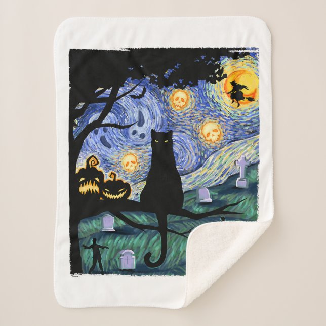 Cat Tshirt, Scary Night Cat Tee, Van Gogh Gifts Ha Sherpa Blanket (Front)