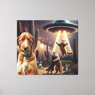 Cat UFO Abduction w/ Concerned Dog in Foreground Canvas Print