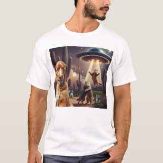 Cat UFO Abduction with Concerned Dog in Foreground T-Shirt