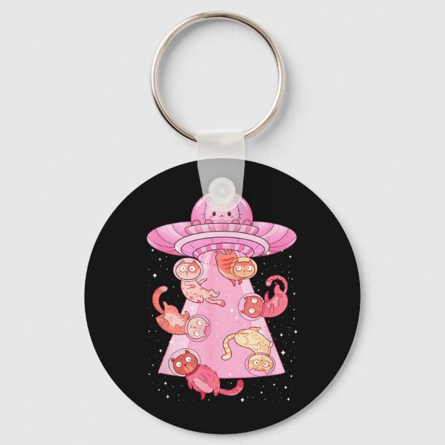 Cat UFO Cute Funny Kitty Kawaii Space Pink Key Ring (Front)