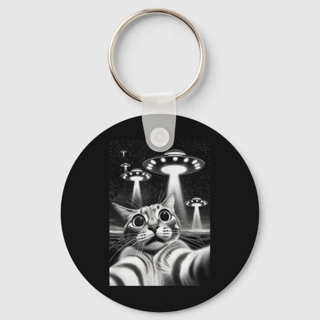 Cat Ufo _ Funny Invasion Meme Retro Alien Cat Ufo  Key Ring (Front)