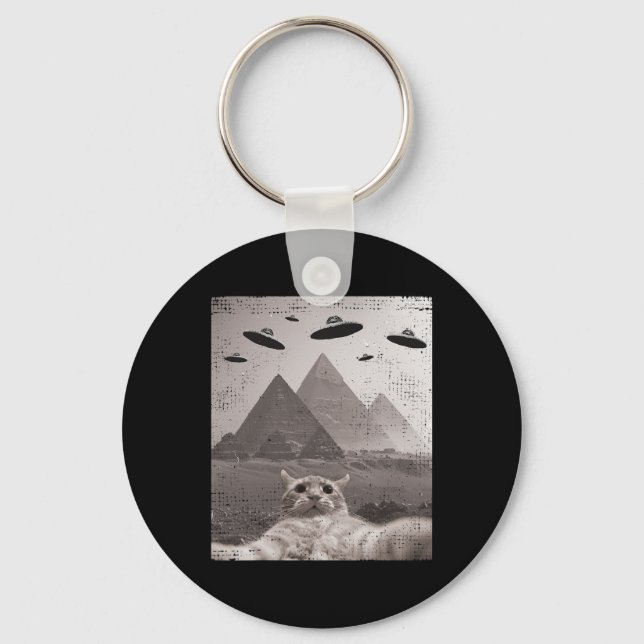 Cat Ufo Meme - Funny Cat Selfie With Ufos  Key Ring (Front)