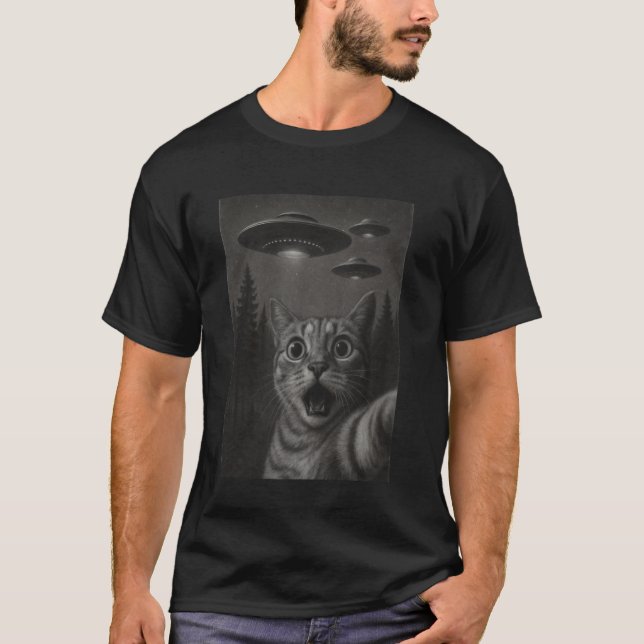 Cat UFO Selfie Funny Alien Meme T-Shirt (Front)