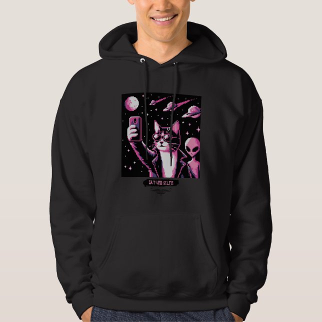 Cat UFO Selfie: Pixel Art #12 (Pink Cat) Hoodie (Front)