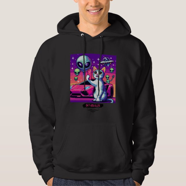 Cat UFO Selfie: Pixel Art #24 Hoodie (Front)