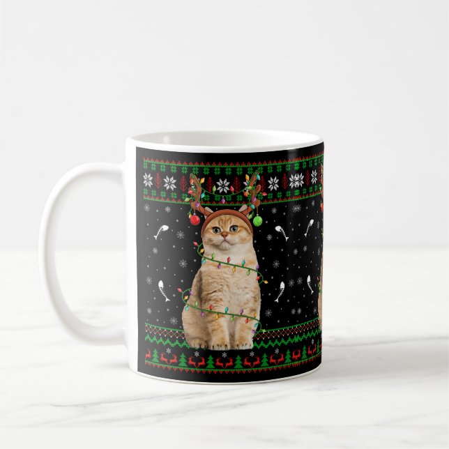 Cat Ugly Xmas Sweater Lighting Santa Cat Christmas Coffee Mug (Left)