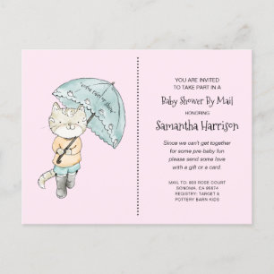 Cat Umbrella Watercolor Pink Baby Shower By Mail Invitation Postcard