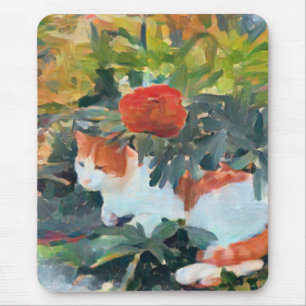 cat under a flowering bush A.I. enhanced Mouse Mat