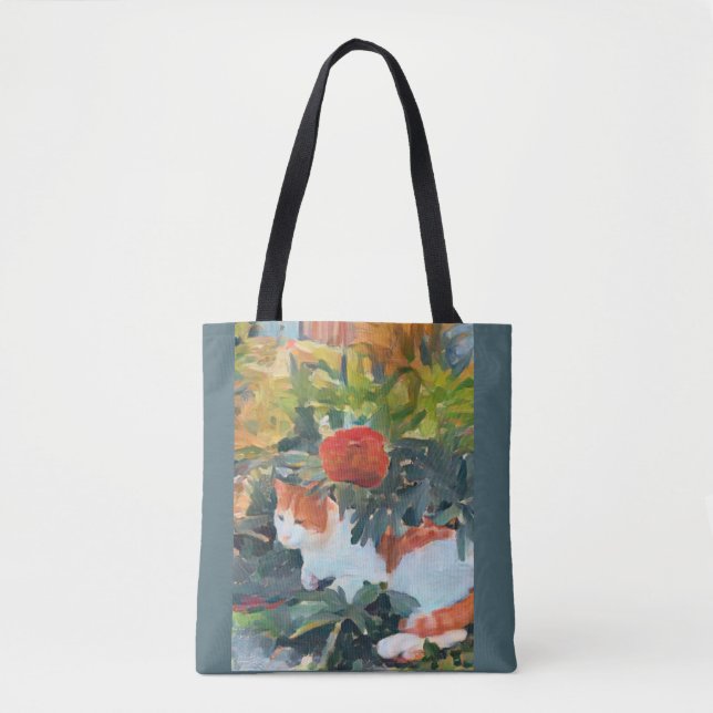 cat under a flowering bush A.I. enhanced  Tote Bag (Front)
