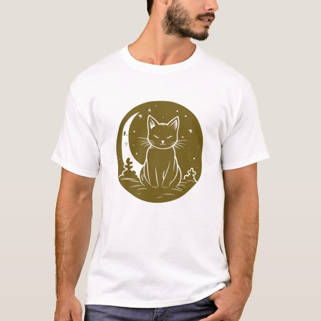 Cat Under Moon Sky Furry Cute Vector Graphic T-Shirt (Front)