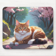 Cat under Sakura tree mouse pad