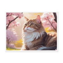 Cat under Sakura tree postcard