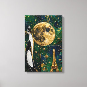 Cat Under the Golden Moon - Emerald Paris Canvas Print