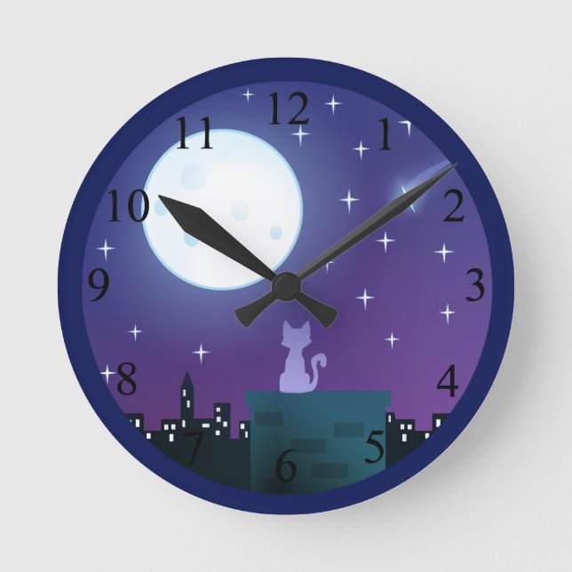 Cat Under The Moonlight Number Round Clock (Front)