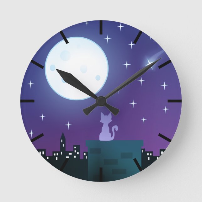 Cat Under The Moonlight Round Clock (Front)