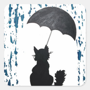 Cat Under Umbrella Square Sticker