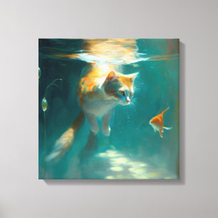 Cat Underwater Watches Fish - Wrapped Canvas