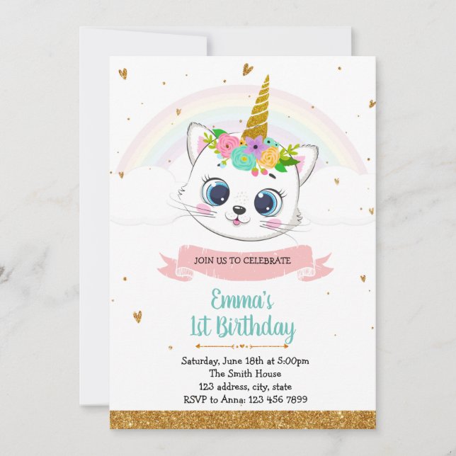 Cat unicorn birthday invitation (Front)