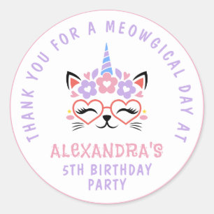 Cat Unicorn Birthday Thank You Pink Purple Blue Classic Round Sticker