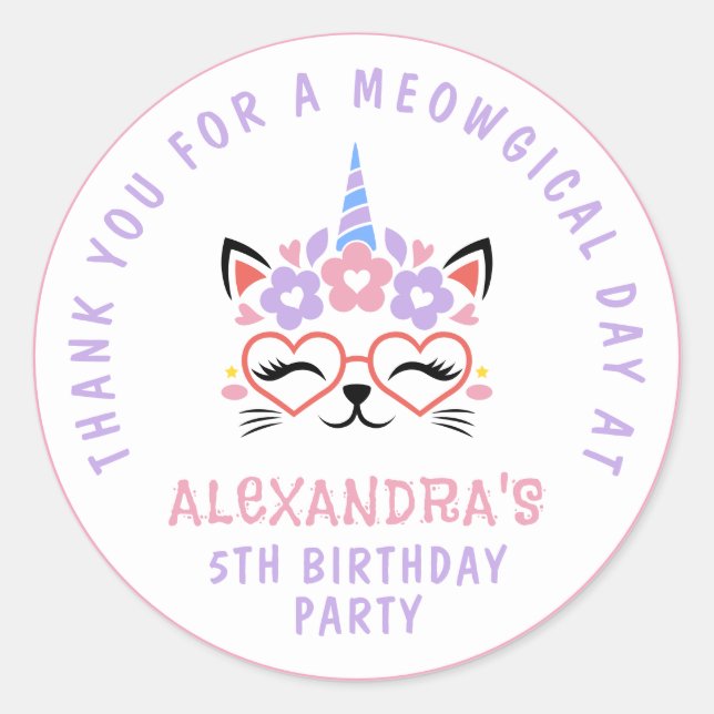 Cat Unicorn Birthday Thank You Pink Purple Blue Classic Round Sticker (Front)