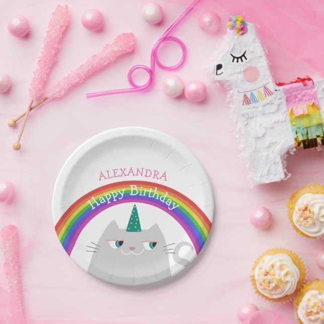 Cat Unicorn Girl Birthday Paper Plate (Party)