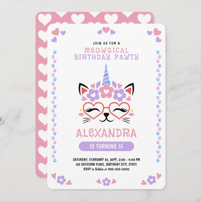 Cat Unicorn Hearts Pink Purple Blue Birthday Party Invitation (Front/Back)