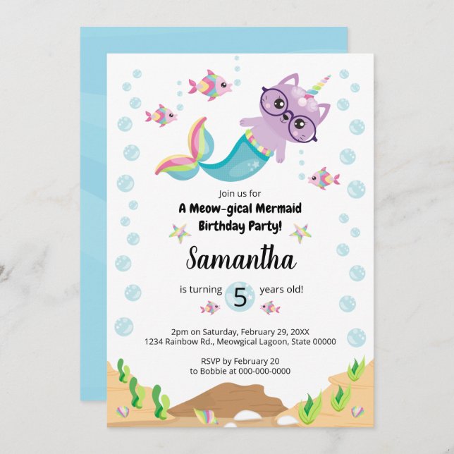 Cat Unicorn Mermaid Under the Sea Birthday Party Invitation (Front/Back)