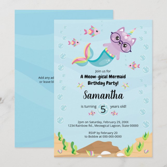 Cat Unicorn Mermaid Under the Sea Birthday Party Invitation (Front/Back)