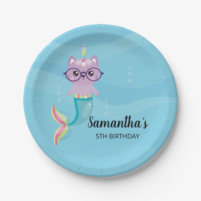 Cat Unicorn Mermaid Under the Sea Birthday Party Paper Plate (Front)