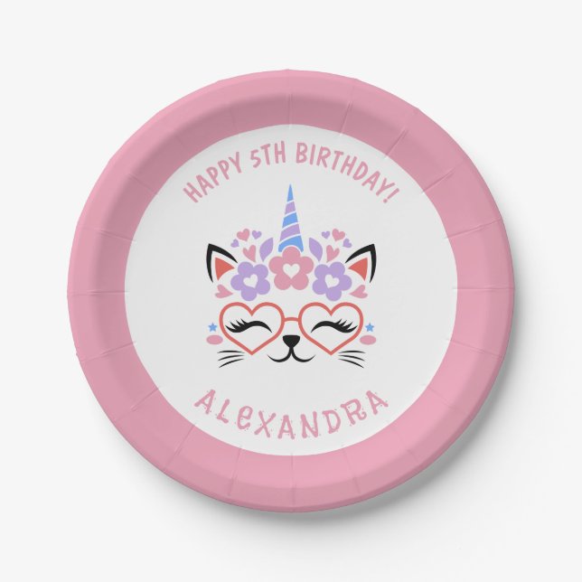 Cat Unicorn Name Pink Purple Blue Birthday Party Paper Plate (Front)