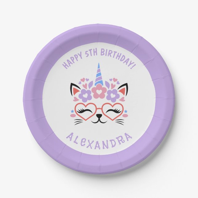 Cat Unicorn Name Purple Pink Blue Birthday Party Paper Plate (Front)