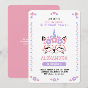 Cat Unicorn Pink Purple Blue Birthday Party Invitation