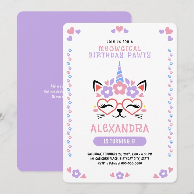 Cat Unicorn Purple Pink Blue Birthday Party Invitation (Front/Back)