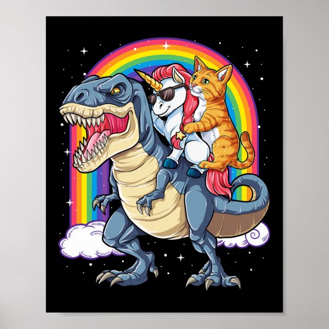 Cat Unicorn Riding Dinosaur T Rex Kitten Lover Spa Poster (Front)