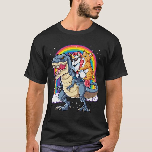 Cat Unicorn Riding Dinosaur T Rex Kitten Lover Spa T-Shirt (Front)