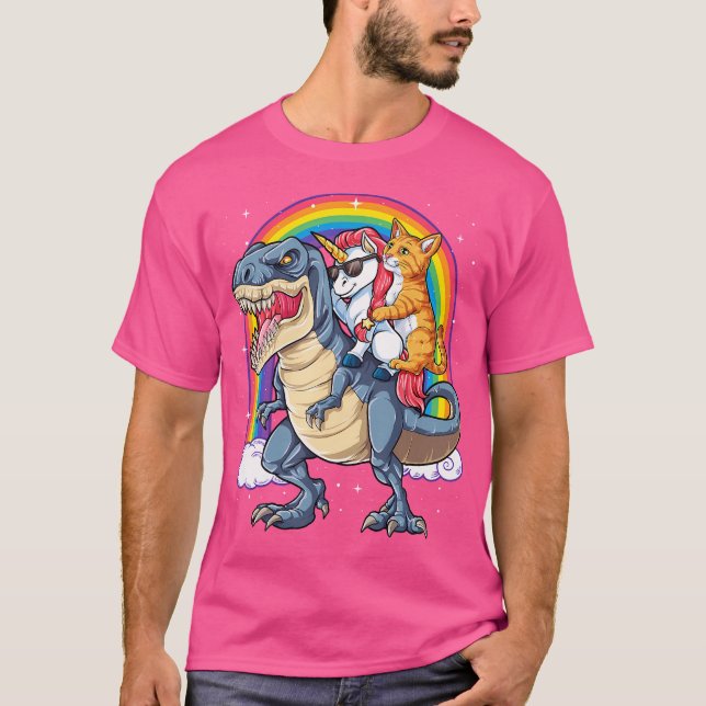 Cat Unicorn Riding Dinosaur T Rex Kitten Lover Spa T-Shirt (Front)
