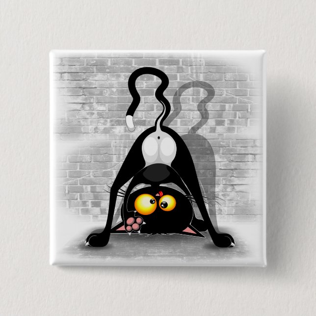 Cat Upside Down Funny Cartoon Character 15 Cm Square Badge (Front)