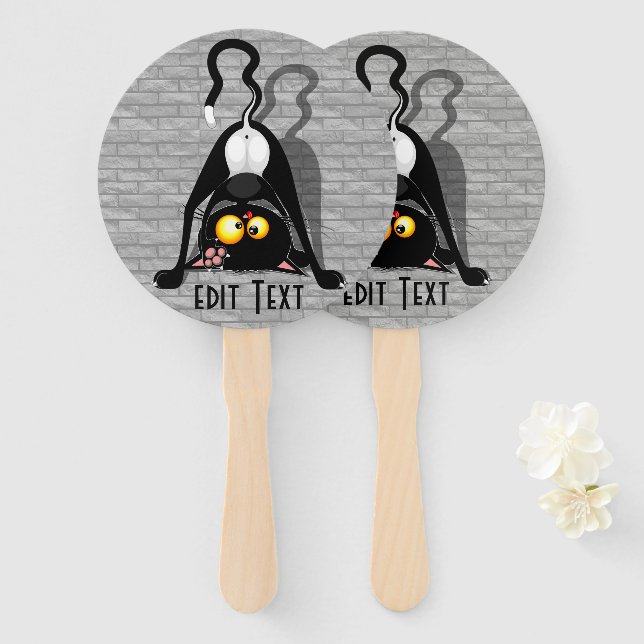 Cat Upside Down Funny Cartoon Character Hand Fan (Front and Back)