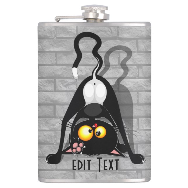Cat Upside Down Funny Cartoon Character Hip Flask (Front)