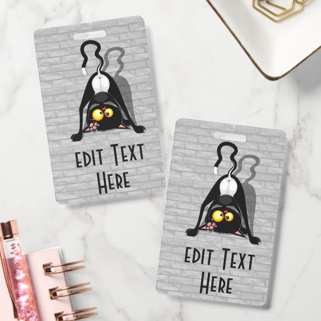 Cat Upside Down Funny Cartoon Character ID Badge (Office)