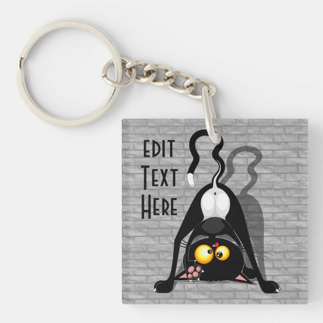 Cat Upside Down Funny Cartoon Character Key Ring (Front)