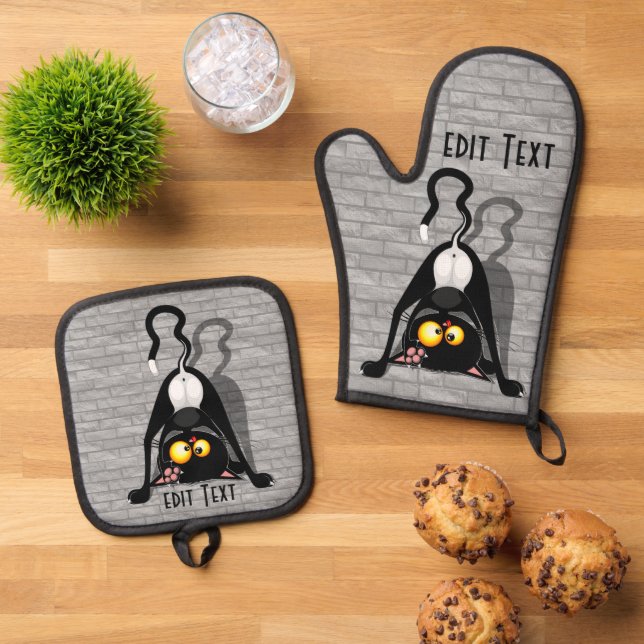 Cat Upside Down Funny Cartoon Character Oven Mitt & Pot Holder Set (Top Down)