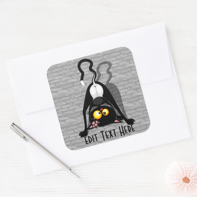 Cat Upside Down Funny Cartoon Character Square Sticker (Envelope)