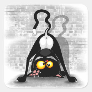 Cat Upside Down Funny Cartoon Character Square Sticker