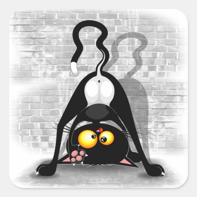Cat Upside Down Funny Cartoon Character Square Sticker (Front)