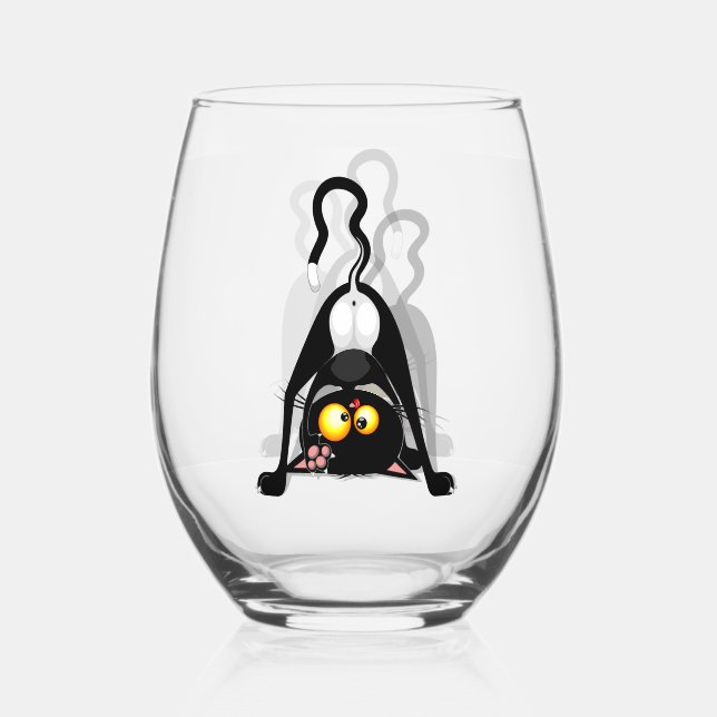Cat Upside Down Funny Cartoon Character Stemless Wine Glass (Front)