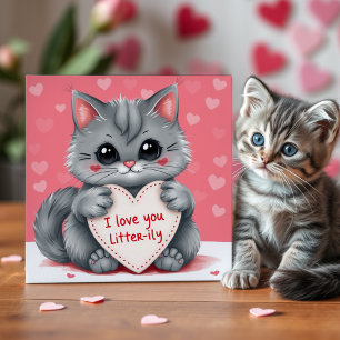 Cat Valentine's Day I Love You Heart Cute Pink Holiday Card